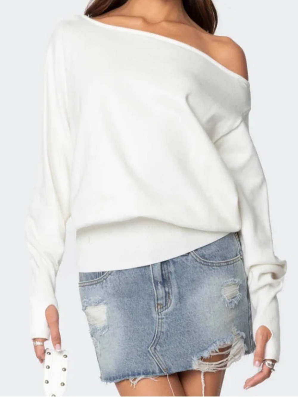 NEW Edikted Cream Off-Shoulder Oversized Chunky Sweater Size S Thumb Holes Baggy